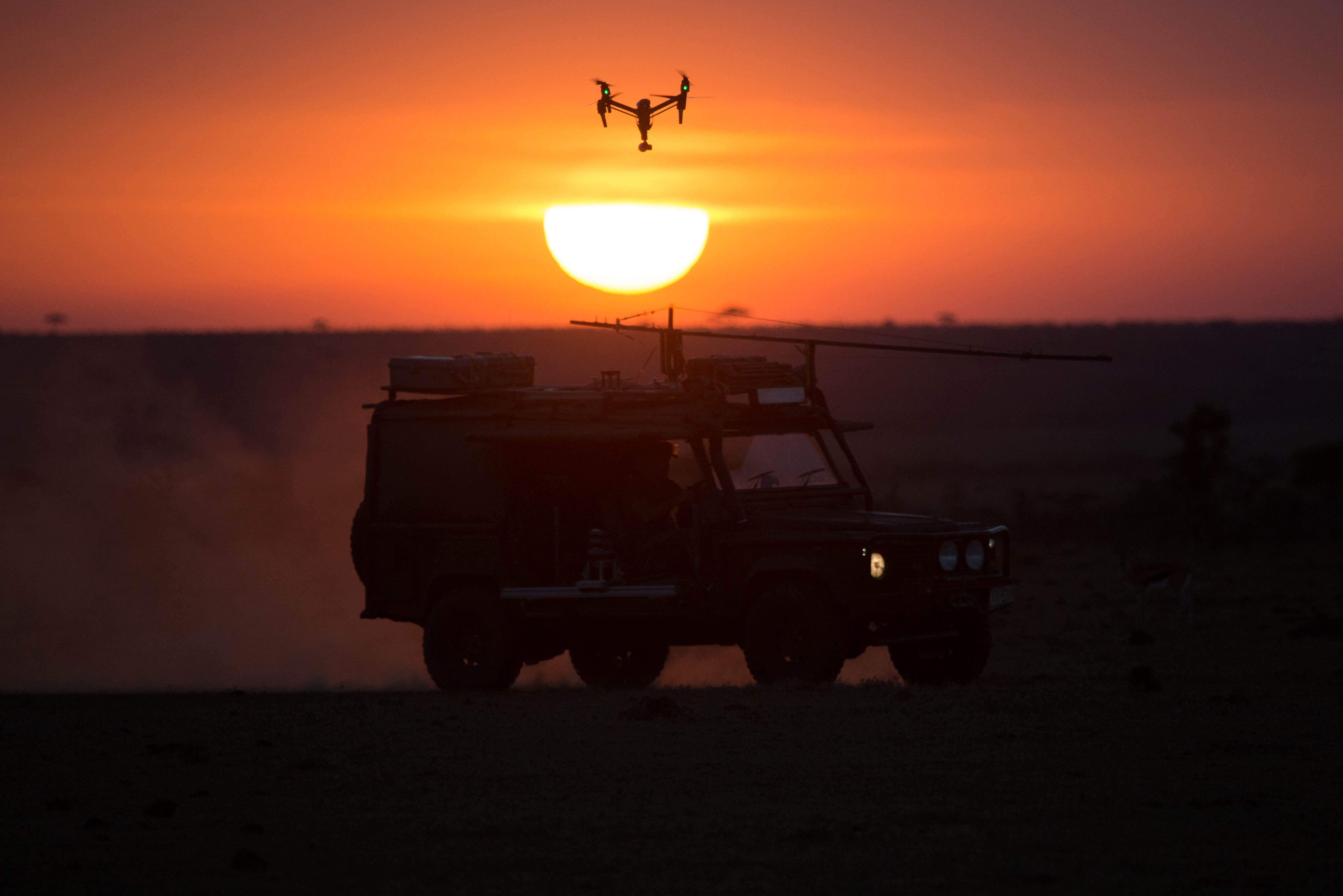 DJI Inspire 2 silhouetted against East African sunrise